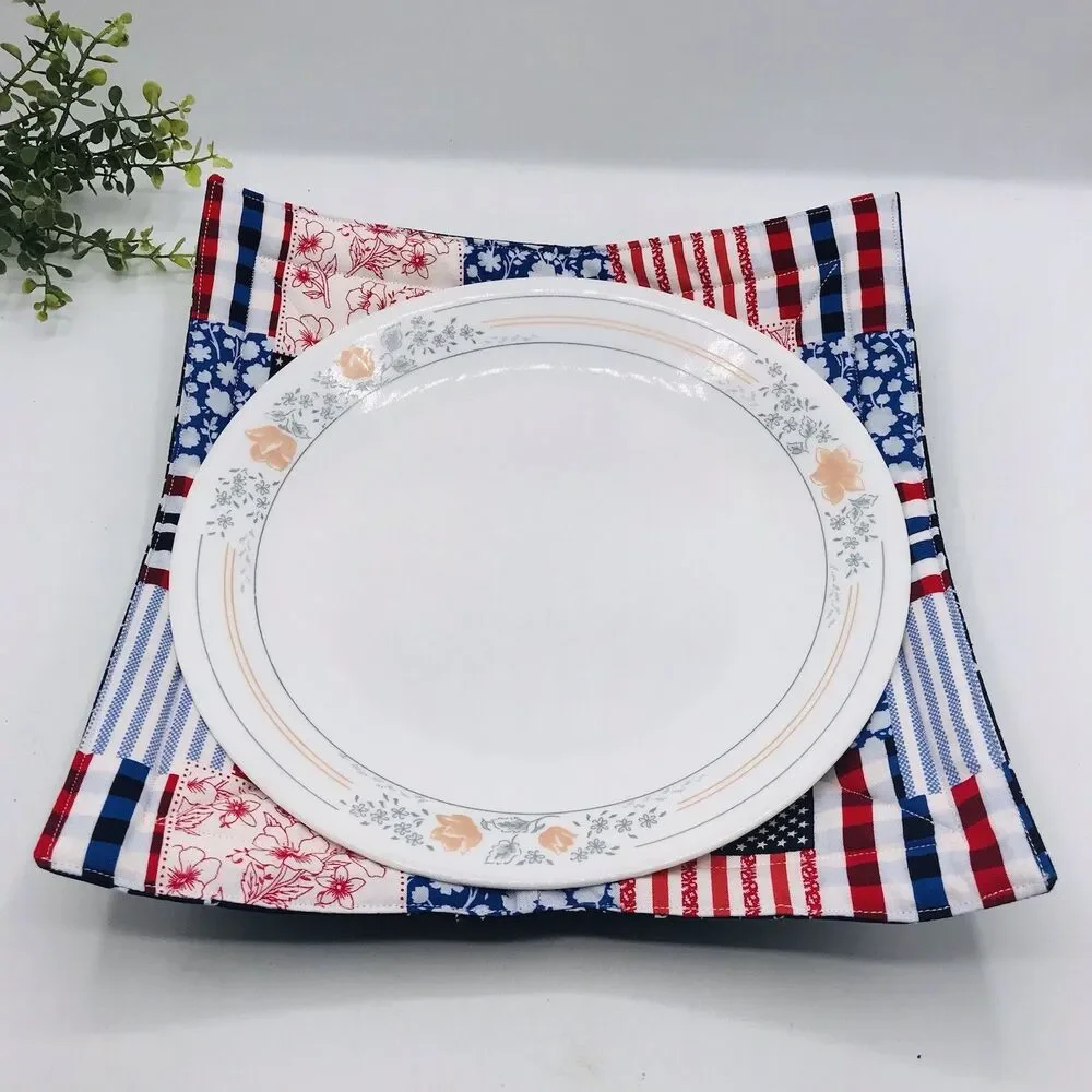 3 Piece Set Microwave Cozies, Reversible Patriotic Patchwork, Plate, Bowl, Pint